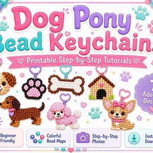 Può includere: Un grafico digitale intitolato Dog Pony Bead Keychains che mostra sette disegni colorati realizzati con perline, tra cui un muso di cane, un'impronta, un osso, una cuccia, un bassotto, un barboncino e un chihuahua, con portachiavi a cuore e tutorial.