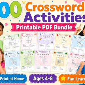 99+ Kids Crossword Puzzles Printable Bundle, Ages 4-8 Learning Worksheets, Vocabulary Games, Homeschool Activity