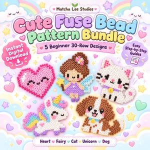 Może przedstawiać: Cyfrowa grafika przedstawiająca zestaw wzorów do koralików do prasowania Cute Fuse Bead Pattern Bundle od Matcha Lee Studios, zawierająca pięć wzorów dla początkujących z 30 rzędami: różowe serce, wróżkę, białego kota, jednorożca i psa.