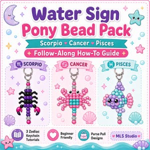 Può includere: Un kit di perline pony Water Sign con tre design di portachiavi zodiacali: uno scorpione nero e viola per lo Scorpione, un granchio rosa e turchese per il Cancro e un pesce viola e blu per i Pesci, inclusa una guida per la realizzazione.