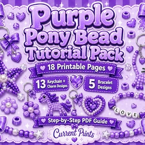 Può includere: Un pacchetto tutorial di perline pony viola con 18 pagine stampabili, 13 design di portachiavi e ciondoli e 5 design di braccialetti. L'immagine mostra creazioni in perline viola: stella, gatto, pony, cuore e un braccialetto con la scritta LOVE.