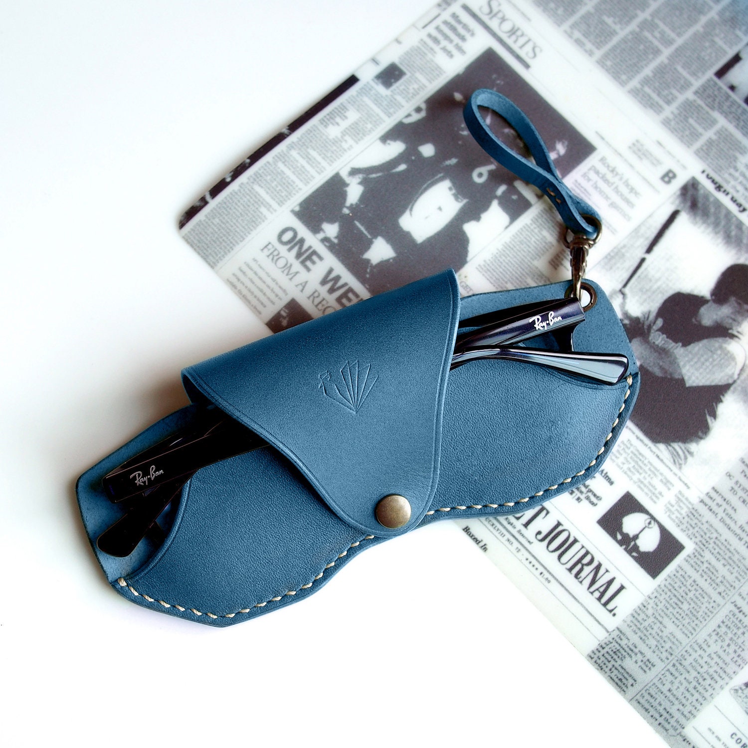 Handmade Personalized Slim Glasses Case, Blue-ocean Color Vegetable Tanned  Leather