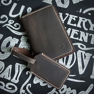 Traveller Set - Passport holder + Luggage Tag Handmade Crazy Horse Leather