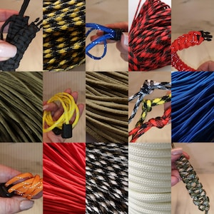 May include: A selection of paracord samples in a variety of colours and patterns. The image shows black, yellow, blue, red, green, and white cords, some with intricate woven designs. The image showcases the versatility of paracord for crafting and DIY projects.
