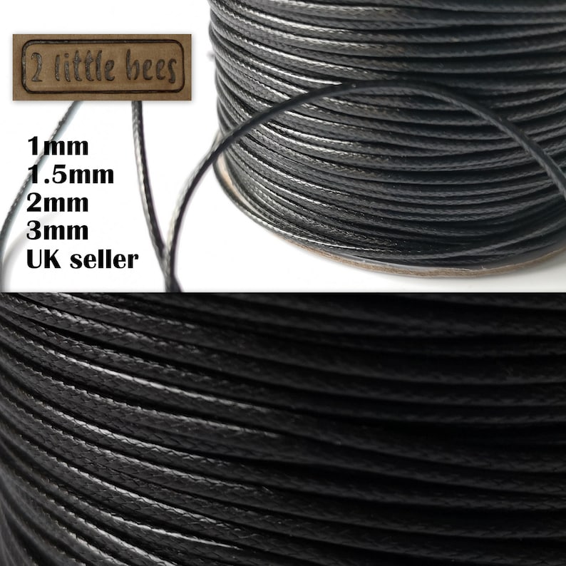 Cotton Waxed Polyester cord
The waxed cord is very strong and it is great for all kind of jewellery making, knotting, stringing and many other crafts.   

    Colour: Black

    Size approx: 1mm, 1.5mm, 2mm