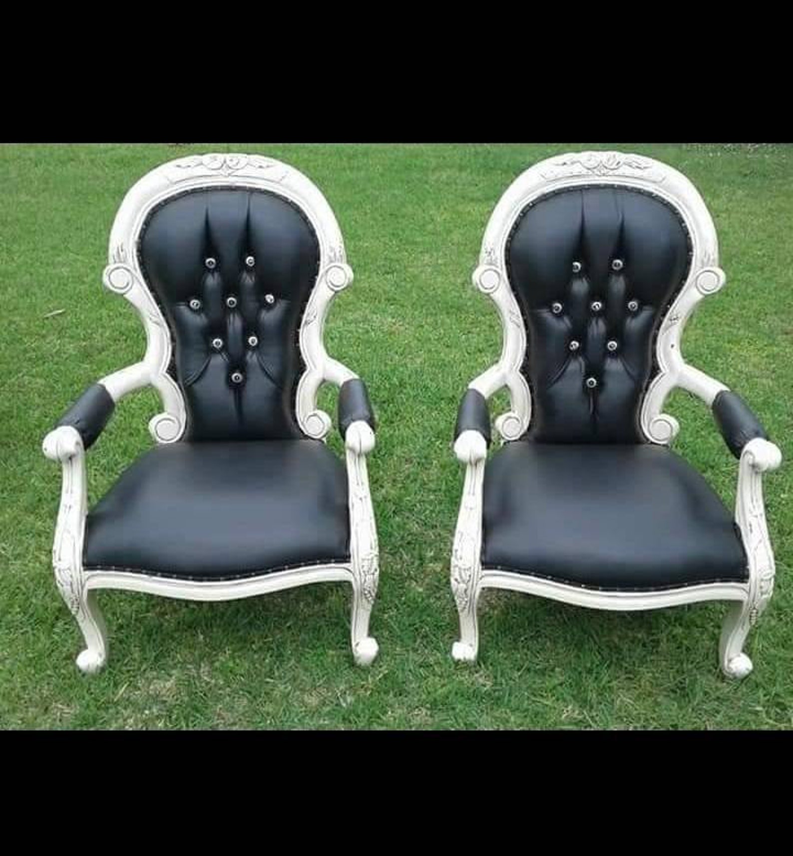 Pair Black Leather Chairs/ French Parlor Chairs/ Parlor Chairs/ French