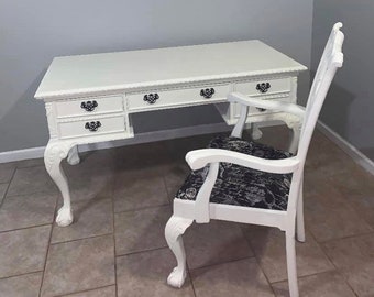 SOLD-White Desk and Chair/ Chippendale/ Refinished Desk and Chair/ Farmhouse/ Shabby Chic