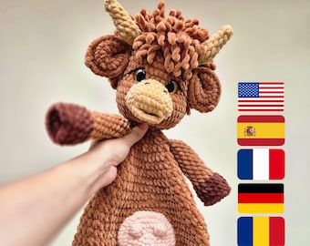 Moolsy the Sweet Cow Snuggler Crochet Pattern – Highland Cow & Dairy Cow Blanket Toy – PDF Amigurumi Baby Lovey Tutorial