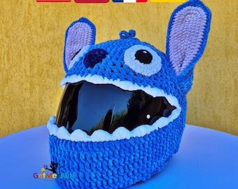Crochet Helmet Cover Pattern, Blue and Pink Alien Motorcycle Helmet Cover, Cute Space Creature Motorbike Helmet Cozy