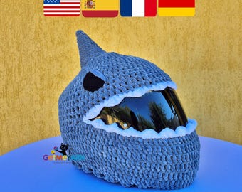 Crochet Helmet Cover Pattern, Shark Motorcycle Helmet Cover, Funny Plush Animal Motorbike Helmet Cozy