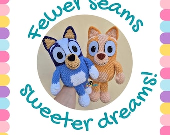 May include: Crocheted plush toys of cartoon dogs, one blue and one orange, with large eyes and floppy ears. The text "Fewer seams, sweeter dreams!" is written in a teal script. The image has a colorful border.