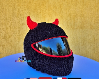 Crochet Helmet Cover Pattern, Red Horn Devil Motorcycle Helmet Cover, Funny Demon Plush Bike Helmet Cozy PDF