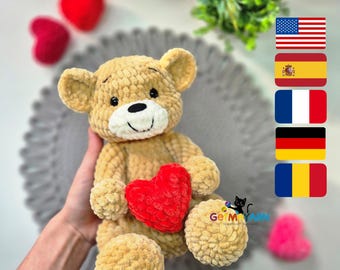 Arthur Teddy Bear Crochet Pattern – Plush Amigurumi Bear Holding Heart – Valentine’s Day Gift Toy – PDF Pattern