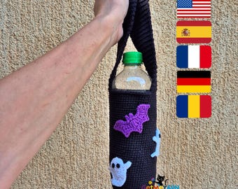 Halloween Water Bottle Holder Crochet Pattern, Ghost & Bat Bottle Carrier, Water Bottle Sling, PDF Download
