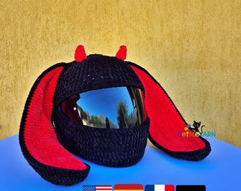 3in1 Crochet Bike Helmet Cover Pattern, Black Red Long Ear Bunny Motorcycle Helmet Cozy, Funny Plush Helmet PDF