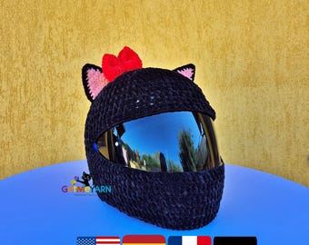 Crochet Helmet Cover Pattern, Black Cat Motorcycle Helmet Cover, Kitty Ears Plush Helmet Cozy PDF Pattern