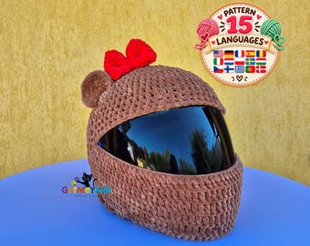 Crochet Bike Helmet Cover Pattern, Cute Brown Bear Motorcycle Helmet Cover, Plush Yarn Helmet Cozy PDF, 15 Languages