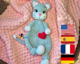 Misty the Snuggler Cat Crochet Pattern – Plush Kitten Lovey Amigurumi PDF – Soft Grey Kitty with Pink Paw Pads – Baby Gift