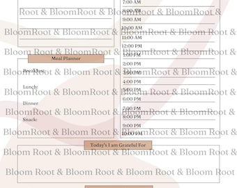 May include: A printable daily self-care planner with sections for a self-care checklist, schedule, meal planner, gratitude, and thoughts/notes. The planner has a peach and white color scheme.