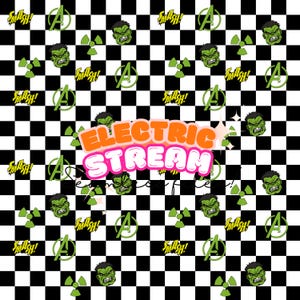 May include: Black and white checkered pattern with green Hulk faces, the words "Smash!" and "Electric Stream", and a green letter "A" repeated throughout.