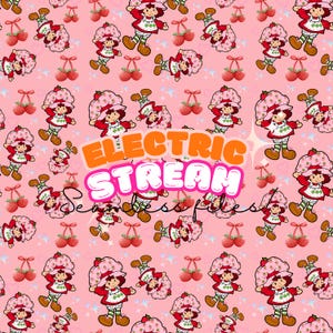 May include: A pink and white seamless pattern featuring a cartoon strawberry girl character with red hair and a green dress. The pattern also includes red strawberries and white stars.