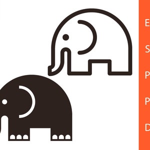 May include: A black and white line drawing of an elephant. The elephant is facing the left side of the image. The elephant has a trunk, two legs, and a tail. The elephant is outlined in black and filled in with black.