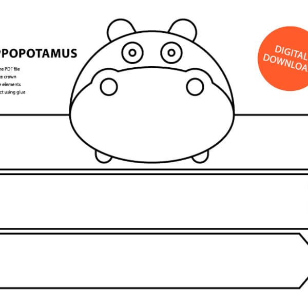 Couronne de papier d'Hippopotamus - Imprimable, coloriage couronne, masque de visage de coloriage, couronne, bandeau animal, couronne imprimable, hippopotame, masque d'hippopotame