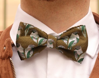 Olive green butterfly tie with green and silver birds