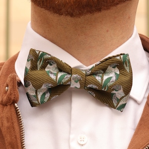 Olive green butterfly tie with green and silver birds image 1