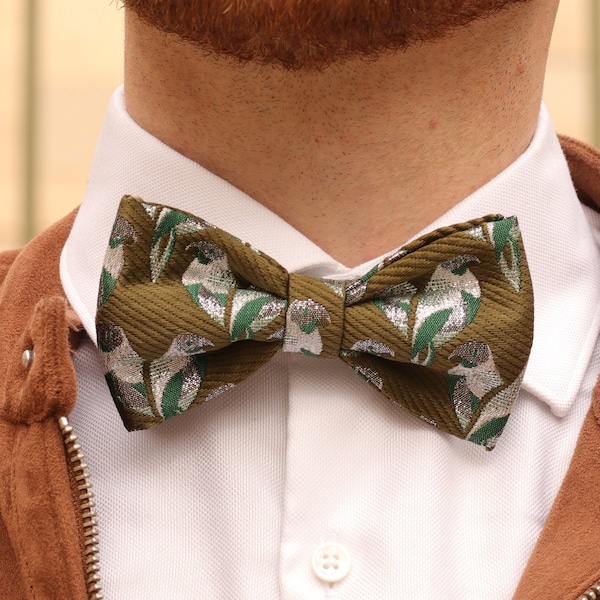 Olive green butterfly tie with green and silver birds