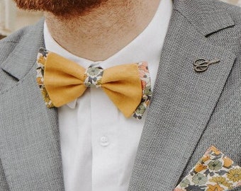 Double bow tie in ocher mustard yellow linen and flower print