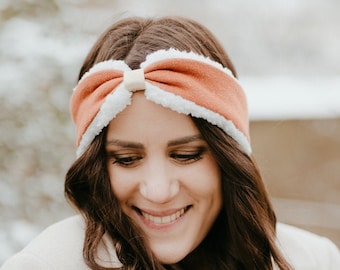 Hot headband in off-white fleece and copper jersey