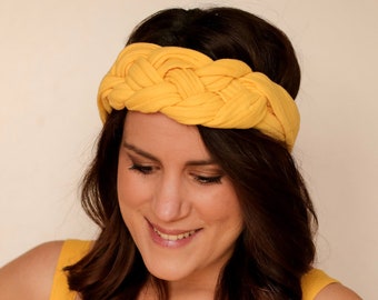 "Lily" half-braided headband in lemon yellow double gauze