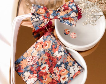 Bow tie set, suit pouch and cufflinks in blue, burgundy and orange terracotta floral fabric