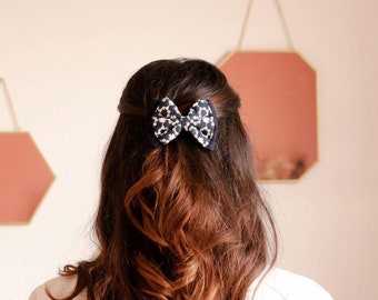 Navy blue and white double embroidery bow barrette