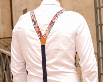 Men's adjustable strap in blue, burgundy and terracotta orange floral fabric