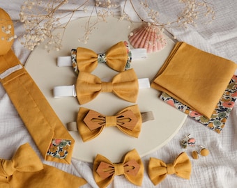 Mustard yellow men's dress code: single, double, wooden bow tie. tie pocket suspenders cufflinks for witnesses or guests.