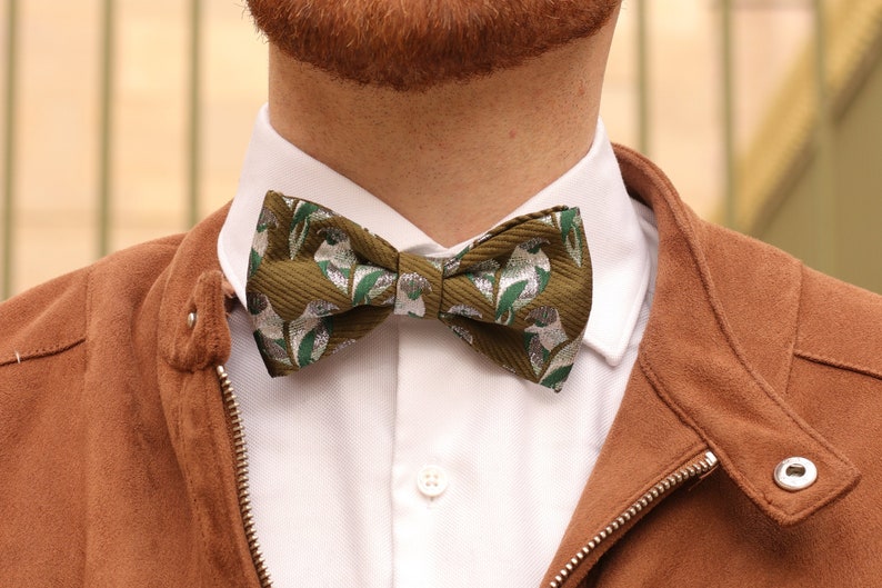 Olive green butterfly tie with green and silver birds image 1