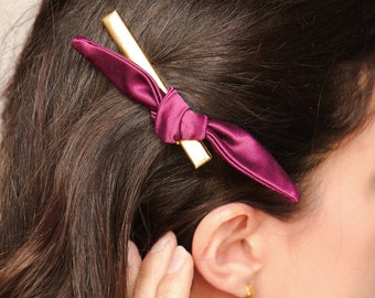 Golden crocodile clip hair clip in pink/magenta red satin