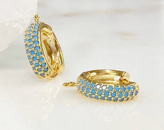 1 Pair Shimmering CZ Pave Turquoise Hoop Earrings,  Gold Plated Earring, Hoop Component in Gold, Sold as Pair