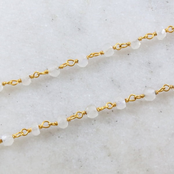 Dainty Vermeil Gold Rainbow Moonstone Rosary Beaded Wire Wrapped Chain / Sold by the Foot / Bulk Unfinished Chain /