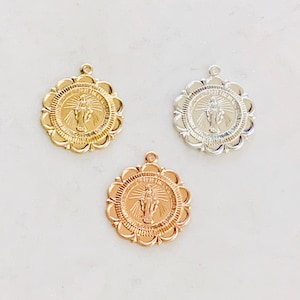 Virgin Mother Mary Miraculous Medallion, Scalloped Edge,  Coin Pendant In Sterling Silver, 14K Gold Filled, Rose Gold Catholic Charm