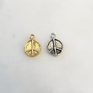 Small Organic Shaped Sterling Silver or Vermeil Gold Peace Sign Charm Hippie Love 60&#39;s Charm