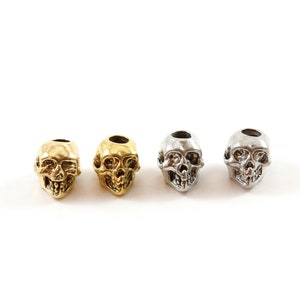 2 Pieces Pewter Small Skull Head Bead Vertical Hole Pendant Halloween Skeletons Day of the Dead Charm in Antique Gold, Antique Silver
