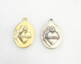 Ciondolo ovale in argento sterling o oro vermeil, sacro cuore di Gesù, rosario cattolico, preghiera, ciondolo dettagliato