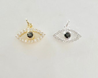 CZ Small Evil Eye Black Stone Eye Gold Plated or Sterling Silver Necklace Charm