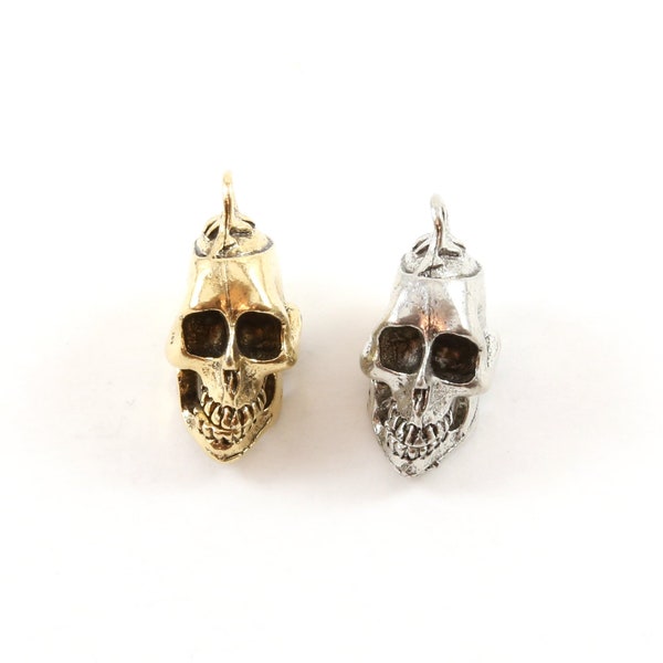 Large Pewter Open Jaw Skull Head Pendant Halloween Skeletons Day of the Dead Charm in Antique Gold, Antique Silver