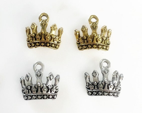 2 Pieces Small Curved Pewter Crown Charm  Princess, Queen Royalty Charm with Loop in Antique Gold or Antique Silver