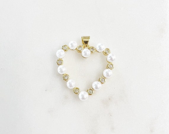 Cubic Zirconia Pave Acrylic Pearl Open Heart Pendant  Love Charm Gold Plated