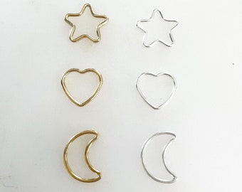 2 Pcs Smooth Star, Heart, Moon Connector Ring Charm, Permanent Jewelry Connector 14KT Gold Filled,Sterling Silver Permanent Jewelry Supply